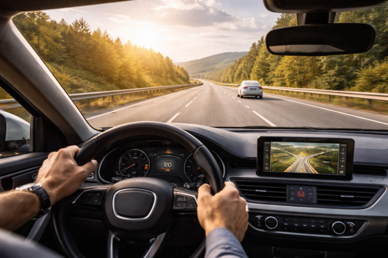 Fahrerperspektive auf einer Autobahnfahrt mit Blick auf Straße und Landschaft