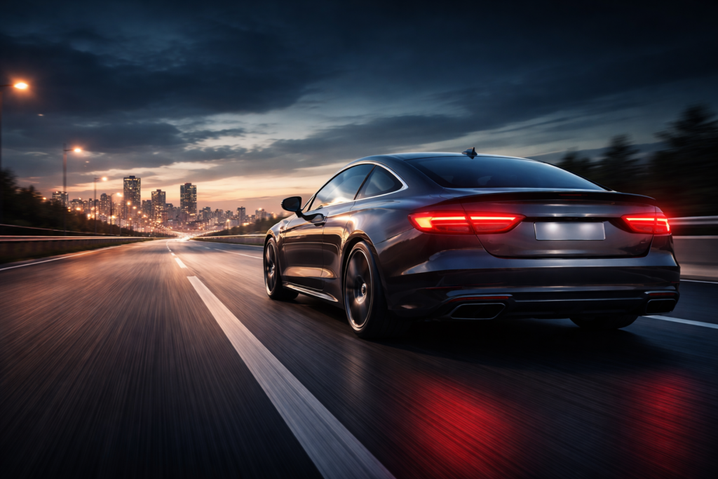 Modernes Auto auf einer Straße bei Dämmerung als Symbol für Mobilität und Fahrzeugwissen