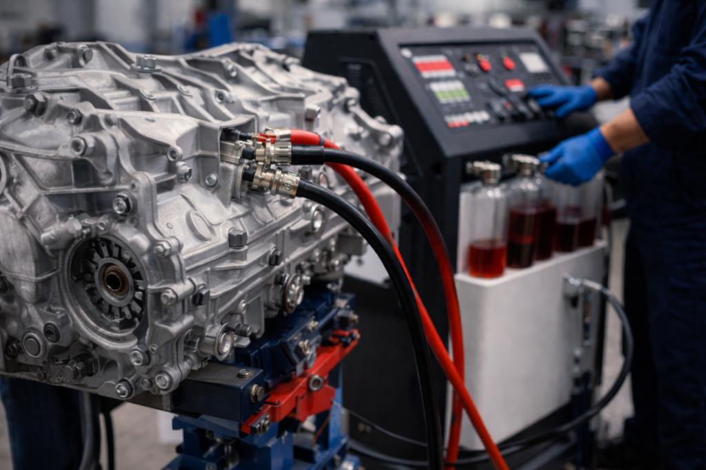 Getriebespülung an einem Automatikgetriebe in einer Kfz Werkstatt