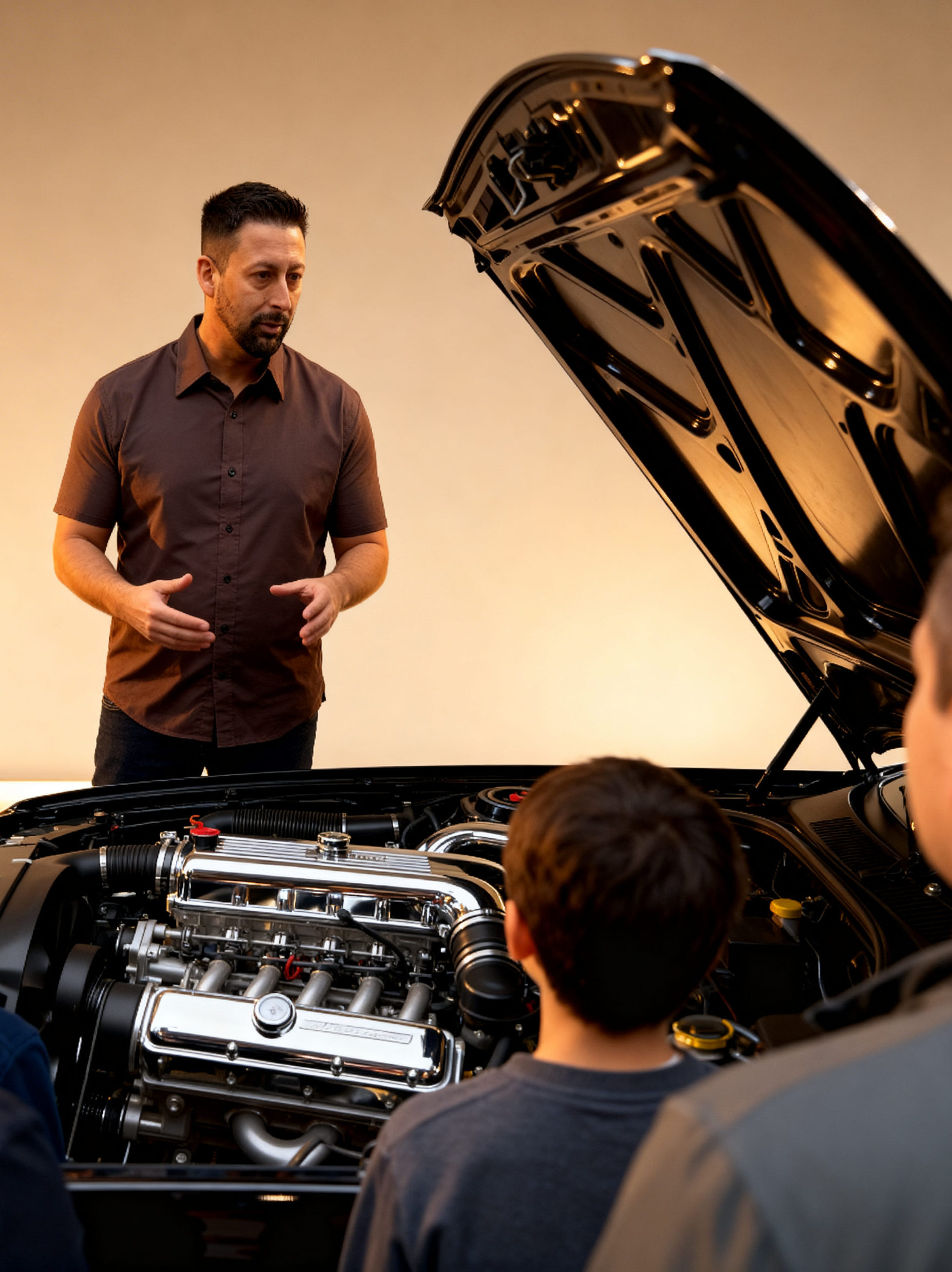 Kfz Sachverständiger erklärt Autofahrern einen Fahrzeugschaden am offenen Motorraum