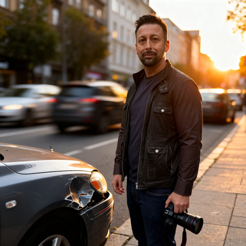 Kfz Sachverständiger steht neben beschädigtem Auto in der Stadt und prüft Unfallgutachten