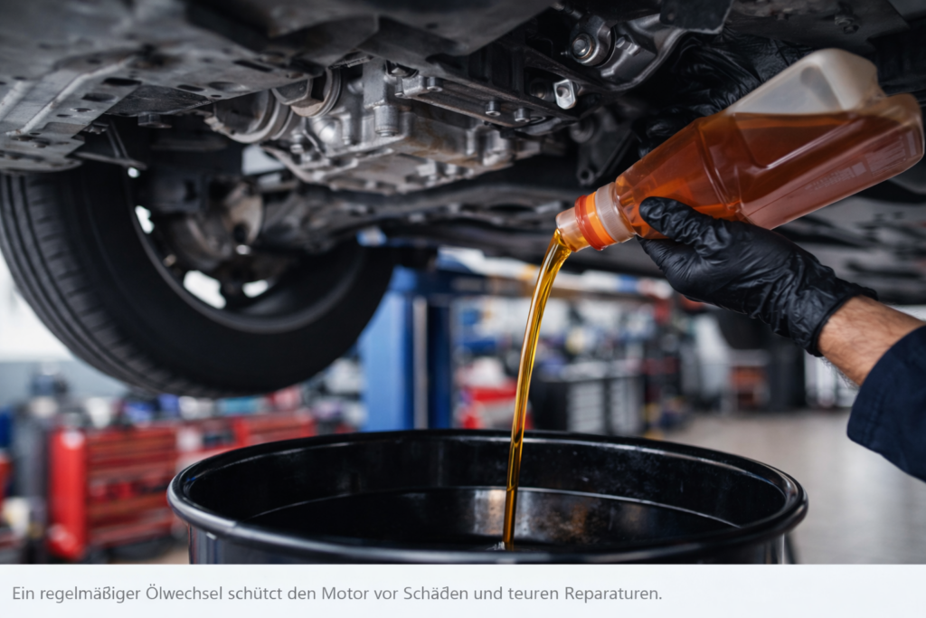Ölwechsel an einem Fahrzeug in einer Kfz Werkstatt während einer Motorwartung