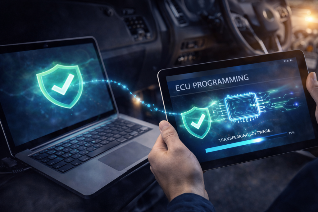 Laptop verbindet sich über Diagnose mit Fahrzeugsteuergerät zur Programmierung