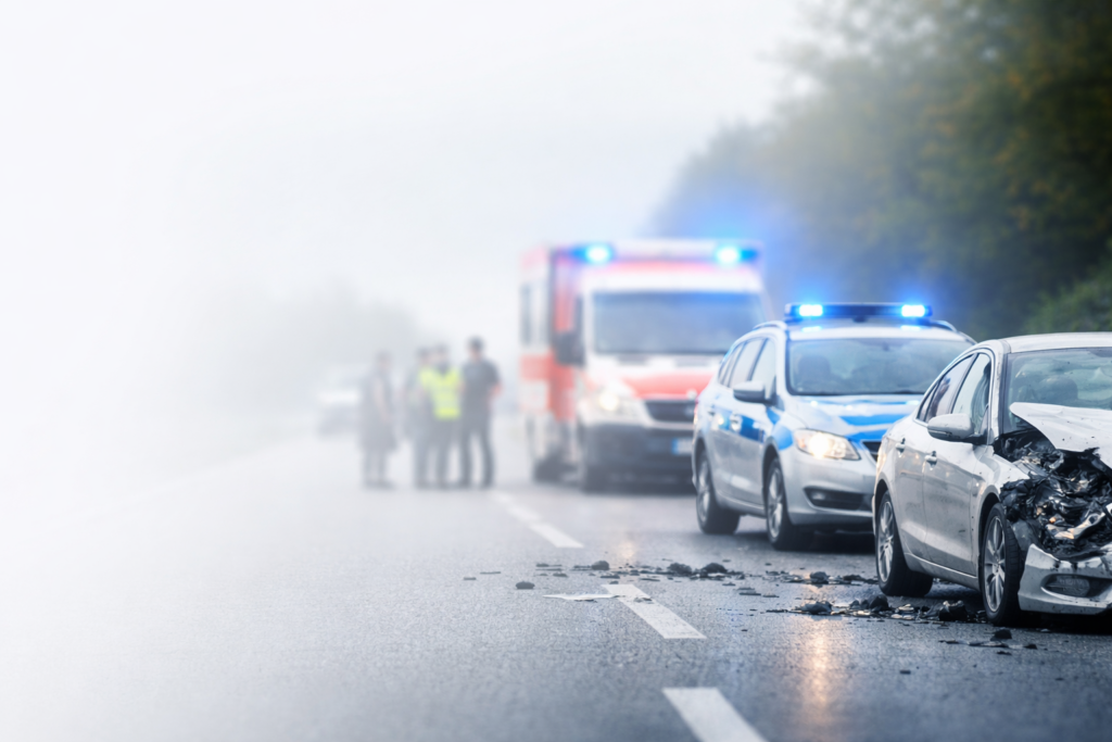 Autounfall mit Polizei und Krankenwagen an der Unfallstelle nach Verkehrsunfall