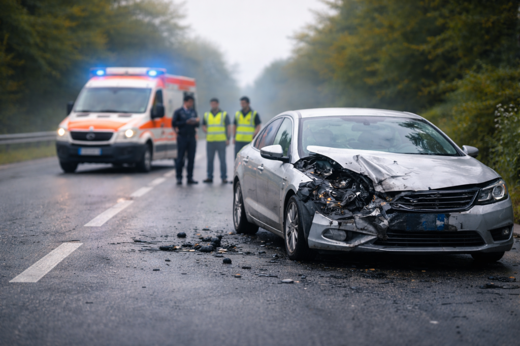 Verkehrsunfall auf einer Straße mit beschädigtem Auto und Polizei im Hintergrund