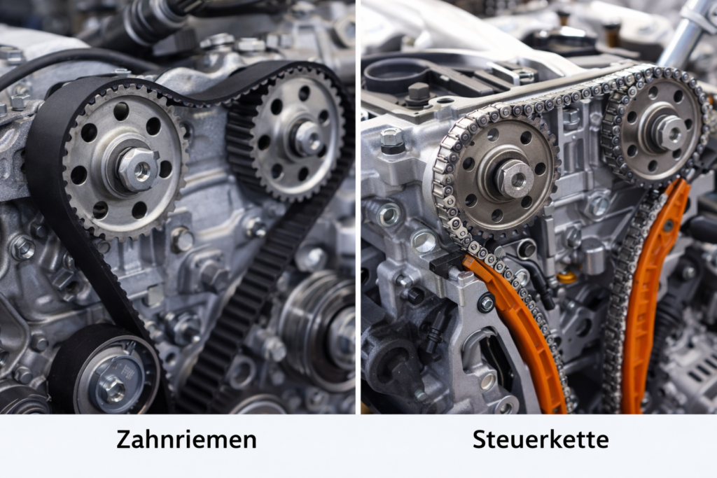 Vergleich von Zahnriemen und Steuerkette an einem Automotor
